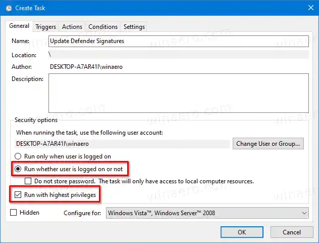 Windows 10 Create Task window Conditions dinyahtanda