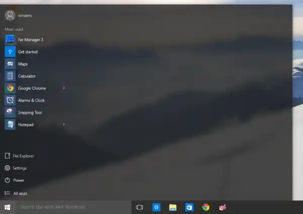 menu Mulakan lajur tunggal windows 10