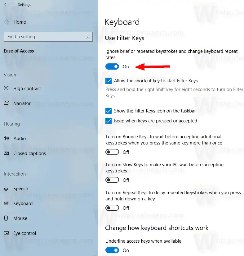 Windows 10 ফিল্টার কী সেটিংস সক্ষম করুন