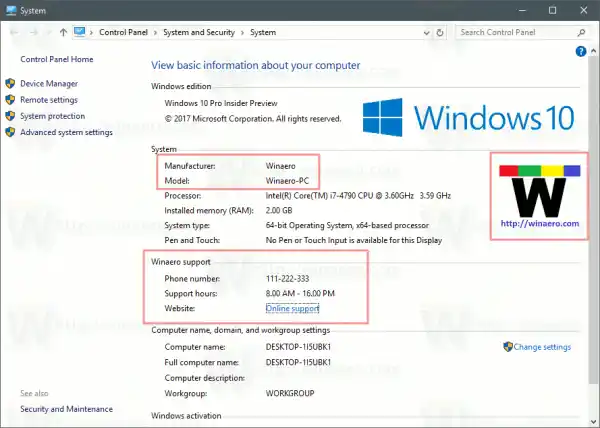 Mainiet vai pievienojiet OEM atbalsta informāciju operētājsistēmā Windows 10