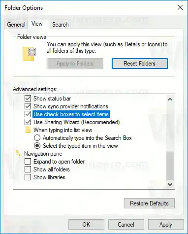 „Windows 10“ įgalinkite žymimuosius laukelius „File Explorer“ parinktyse