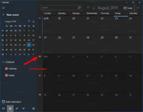 Aktiver ukenummer for kalender-appen i Windows 10