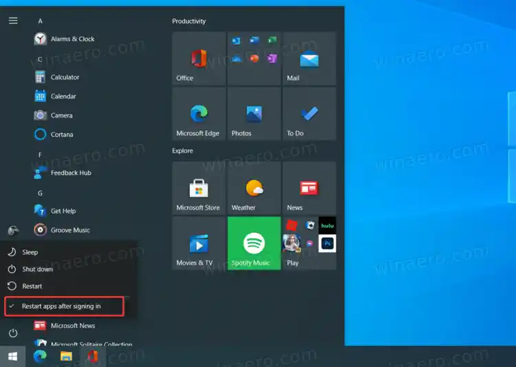 Windows 10 per includere il comando Riavvia app nel menu di accensione