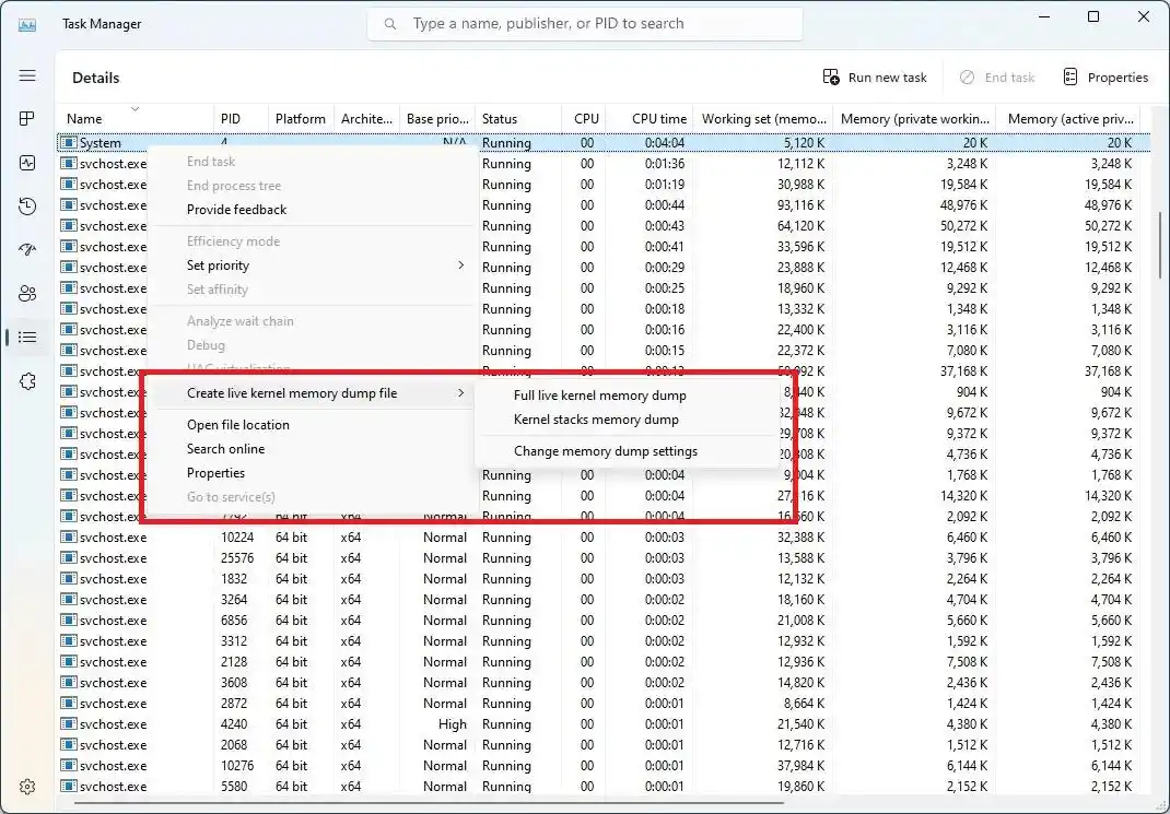 Menú contextual de volcado de kernel en vivo del Administrador de tareas