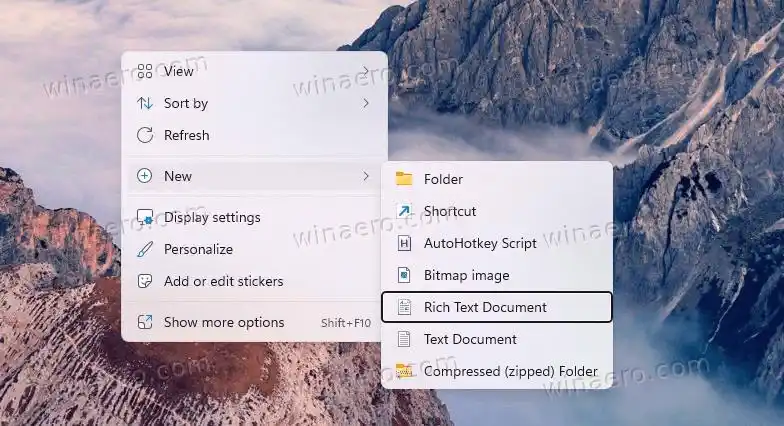 Cách thêm Tài liệu văn bản đa dạng thức RTF vào menu Mới trong File Explorer