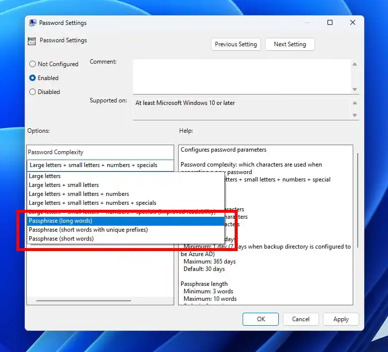 Laps Policy Passphrase Length Innstilling redigert