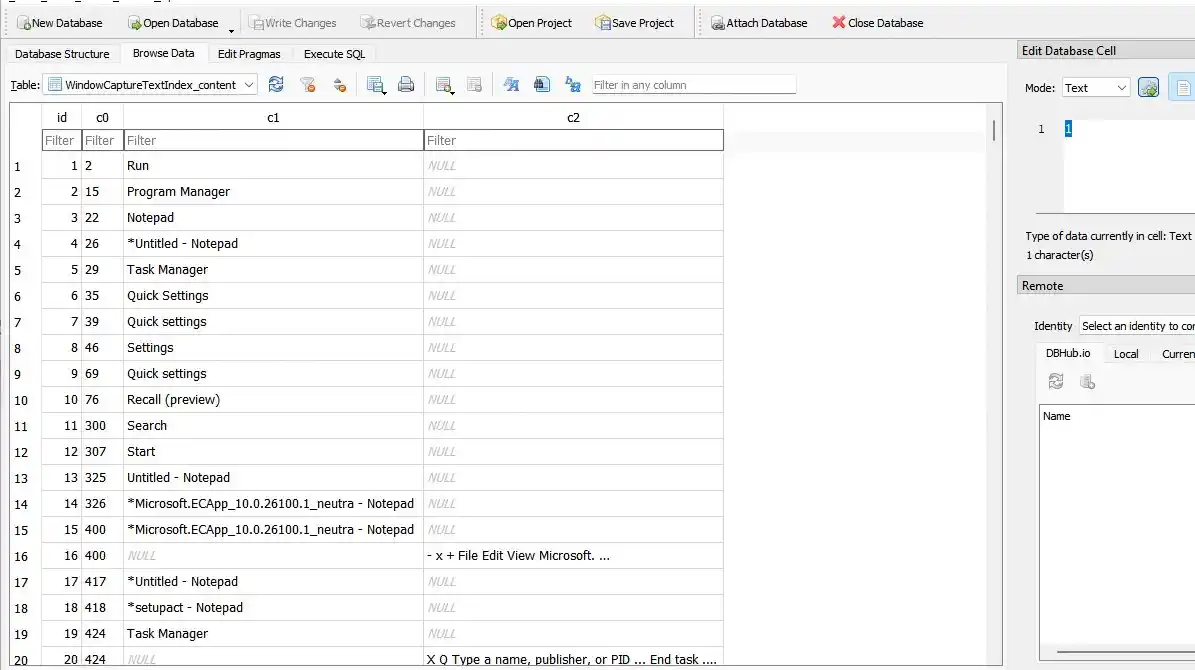 리콜을 통해 캡처된 SQLite 암호화되지 않은 데이터