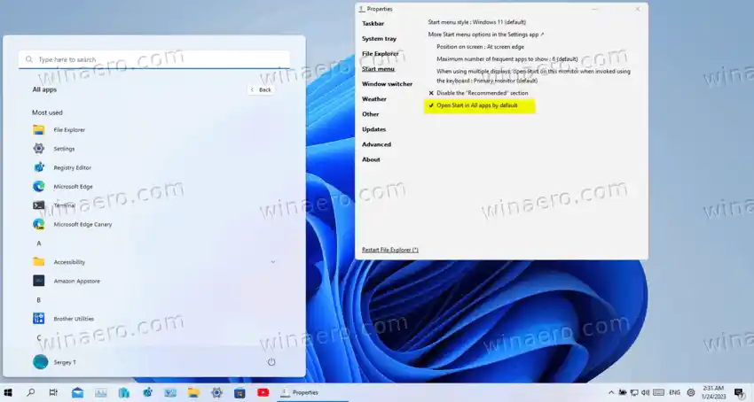 „Winaero Tweaker“ „Windows 11 Classic“ pradžios meniu ir užduočių juosta