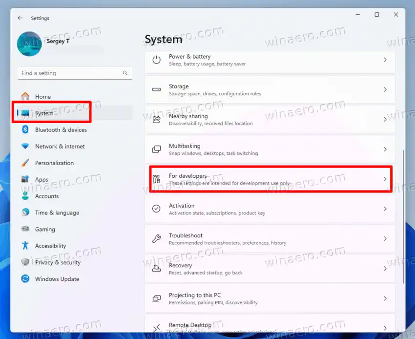 Comandament dels desenvolupadors de Ms Settings