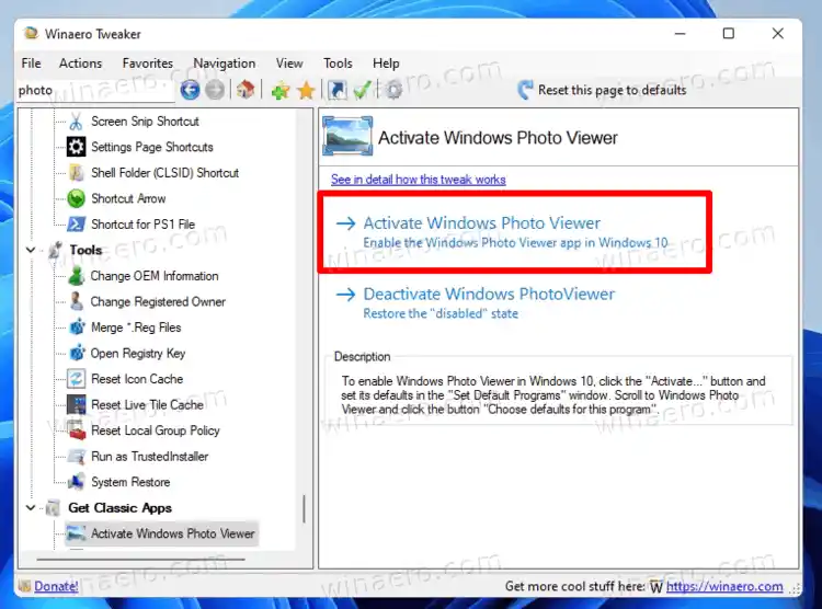 Omogućite Windows Photo Viewer u Winaero Tweaker