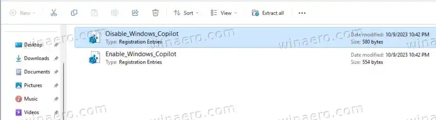 REG file upang alisin ang Copilot taskbar shortcut