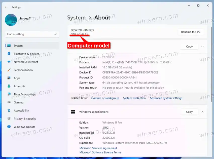 Modelo de computadora mostrado en la página acerca del sistema