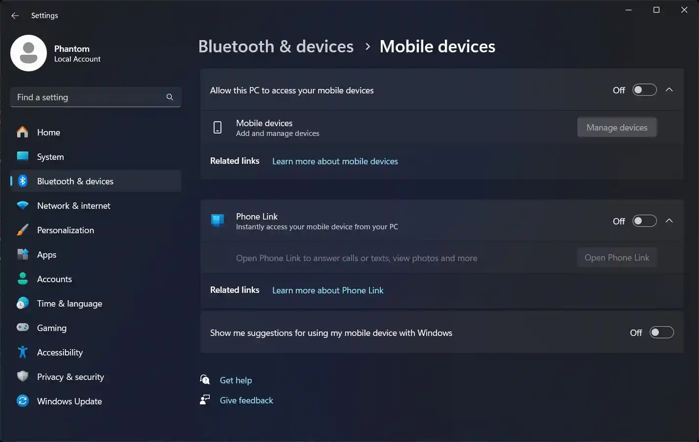 Dispositivos móviles es un nuevo nombre para la página Configuración de enlace telefónico en Windows 11