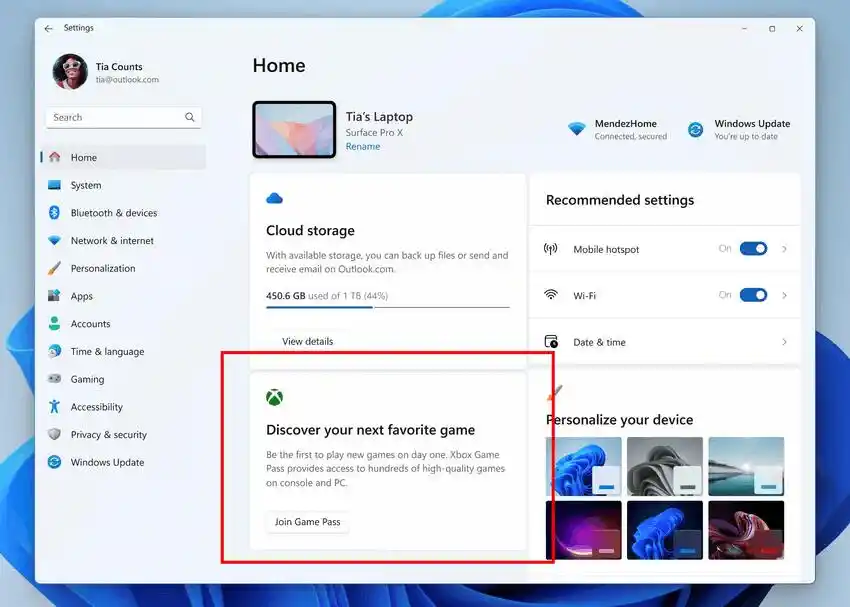 Windows 11 Build 26244 (Canary) kan een back-up maken van uw geluidsschema, voegt Xbox-tegel toe aan Instellingen Home