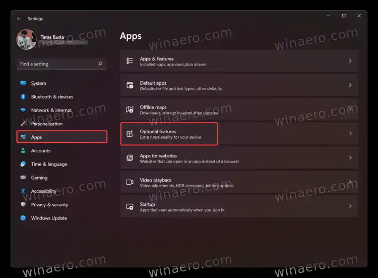 Windows 11 Settings>Applicazioni > Funzionalità opzionali.