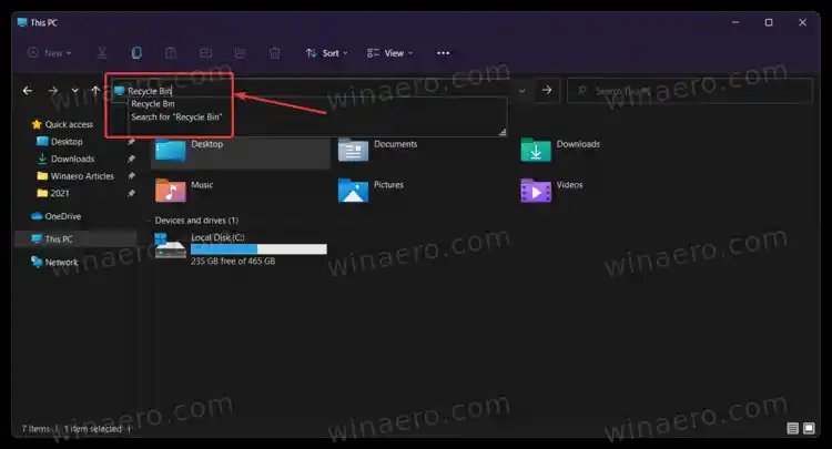 ไอคอนถังรีไซเคิล Wndows 11 ในบานหน้าต่างนำทางของ File Explorer